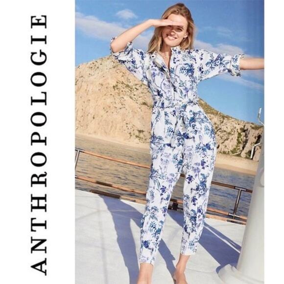 ANTHROPOLOGIE NWT Blue and White Floral Belted Jumpsuit Romper – Size 12 Large - Picture 3 of 13